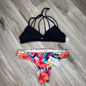 Hollister Bikini Set Women XS Black Floral Strappy Top Super Cheeky Bottoms